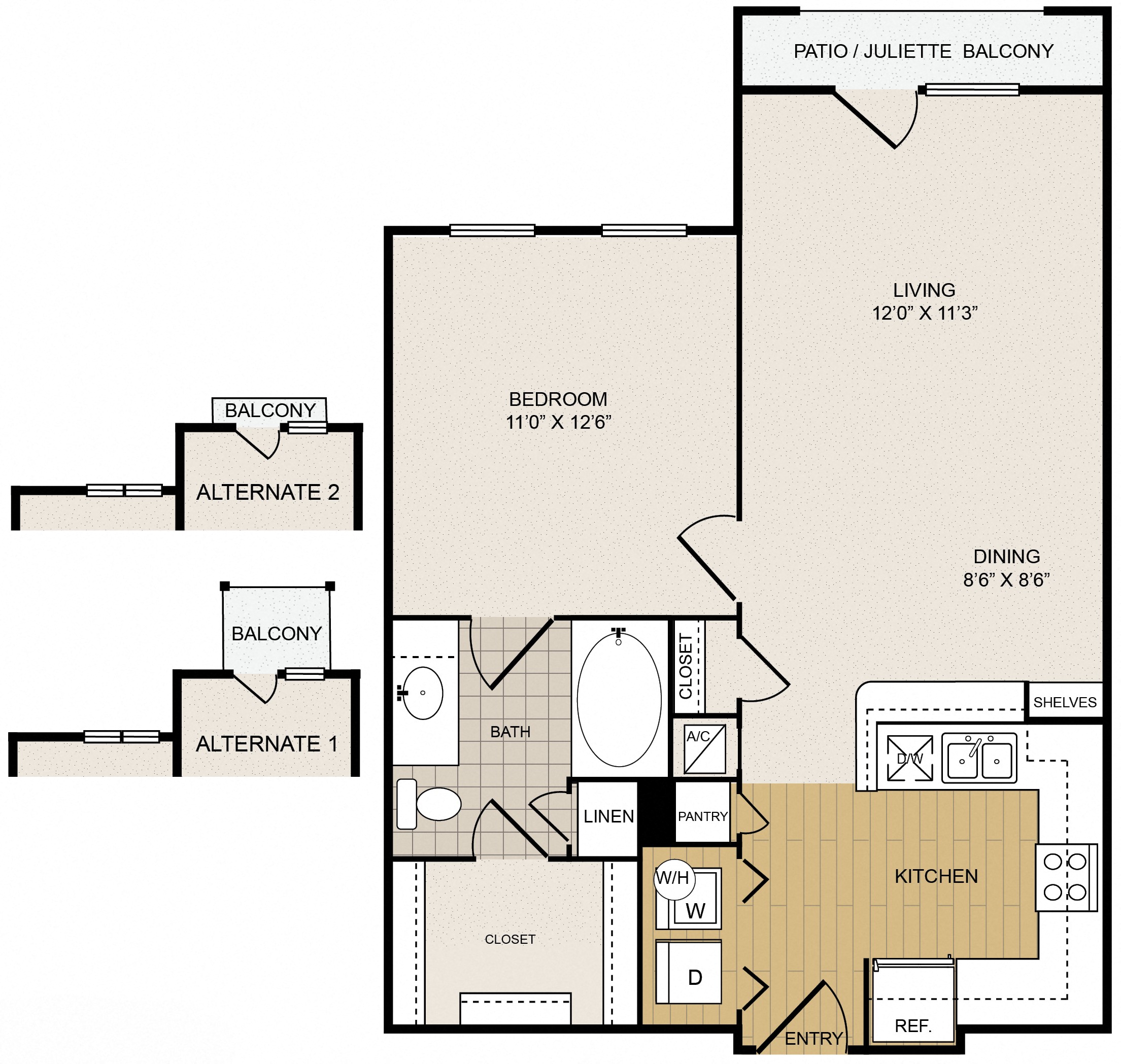 Floor plan for 1 bed, 1 bath, 700 sqft